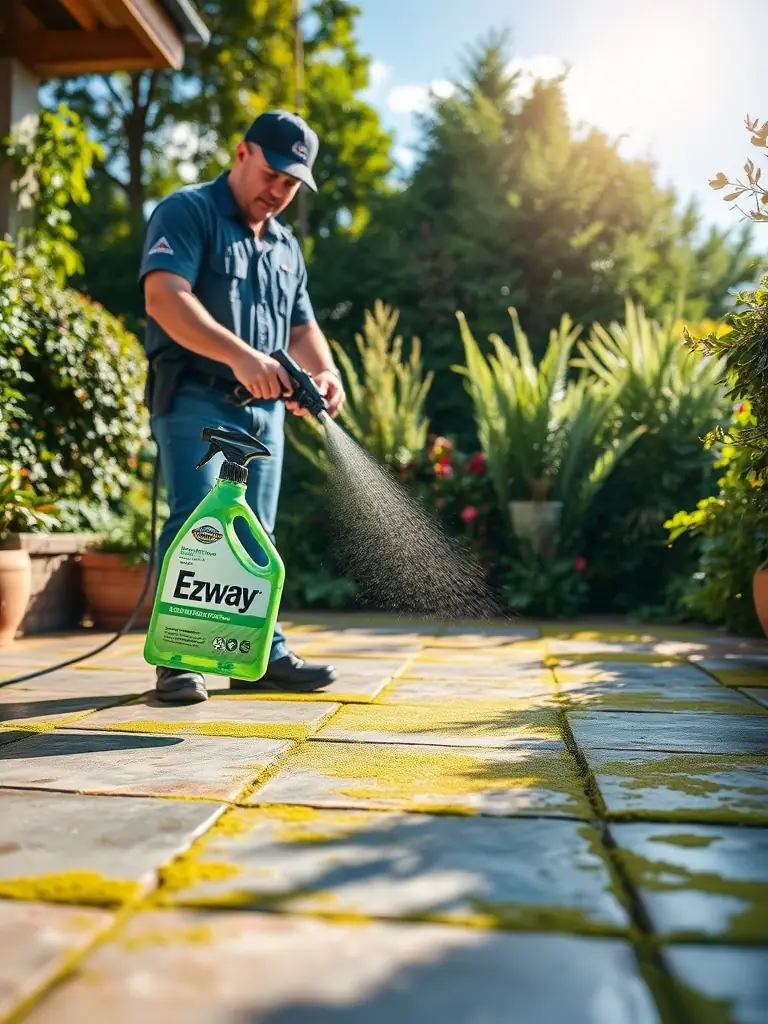 An Ezway employee cleaning a patio with eco-friendly solutions, removing algae and moss, highlighting the company's commitment to environmentally responsible cleaning.