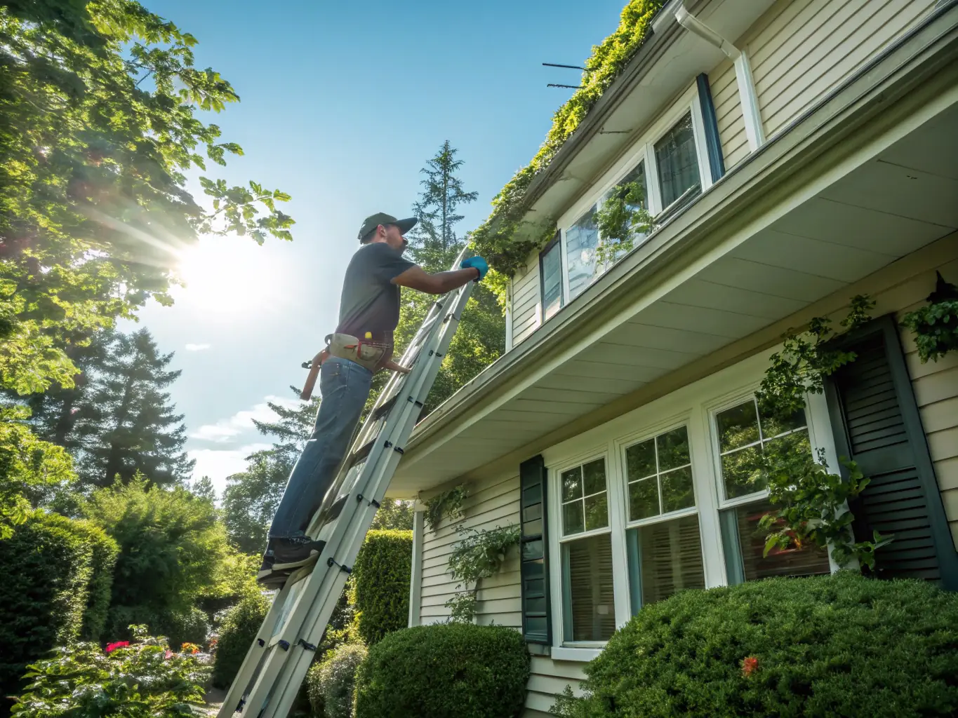 A wide shot of a residential home with a technician working on the gutters, emphasizing the use of safety harnesses and professional equipment.