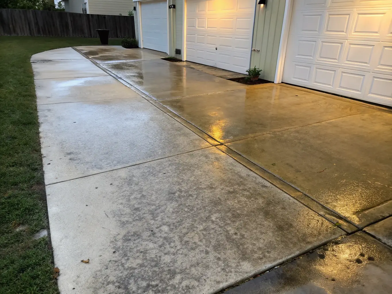 A before-and-after image showcasing a dirty, stained driveway being power washed by Ezway's team, transitioning to a clean, pristine surface. The image emphasizes the dramatic improvement and the effectiveness of Ezway's surface cleaning services.