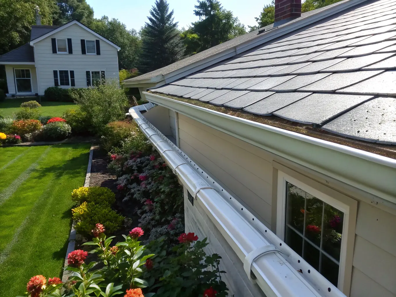 A before-and-after image showcasing a gutter system, with the 'before' side clogged with leaves and debris, and the 'after' side clean and clear.