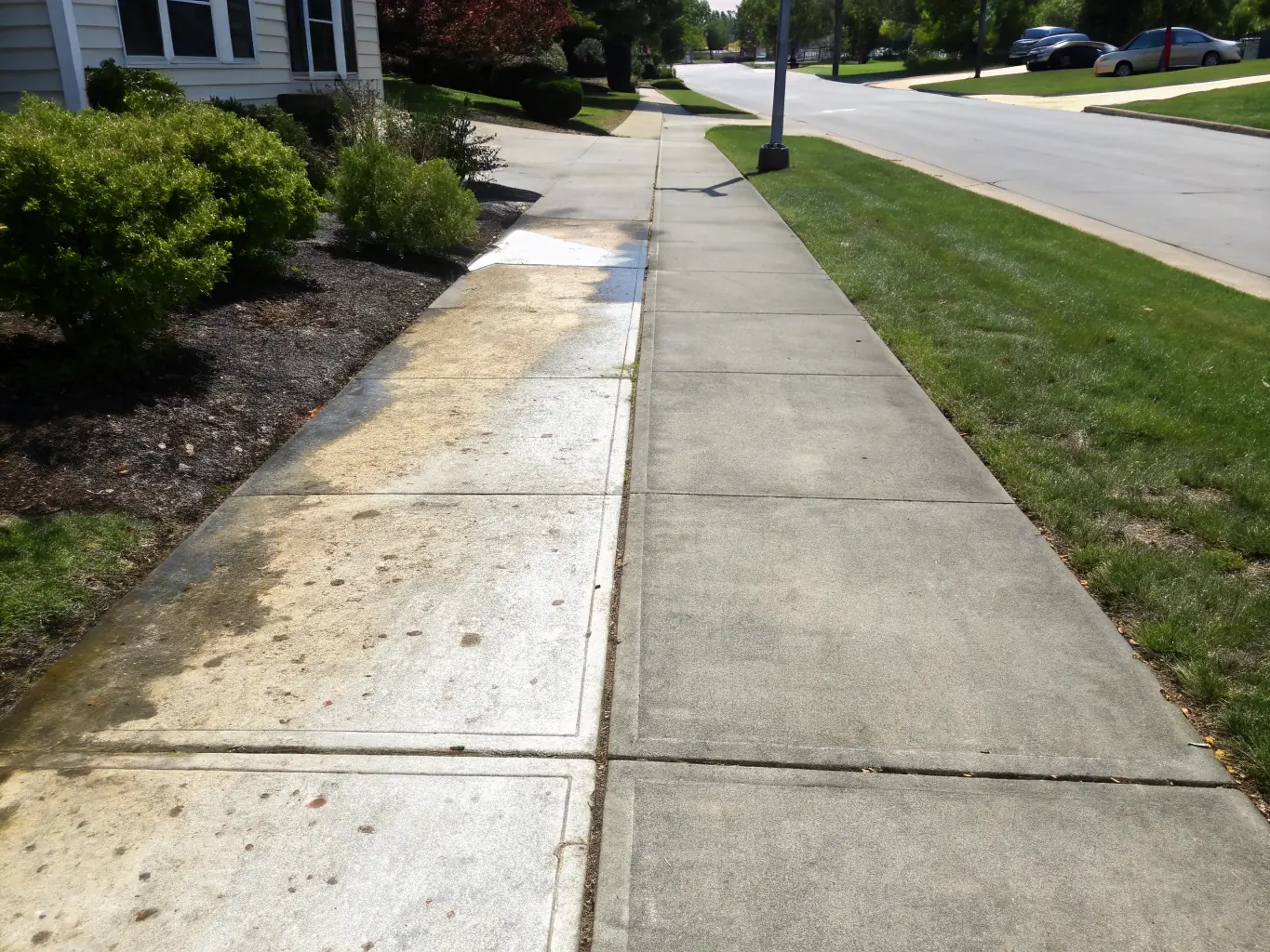 A walkway being cleaned by Ezway's team, with a clear contrast between the dirty and cleaned sections. The image demonstrates the effectiveness of Ezway's walkway cleaning services in removing dirt and stains.