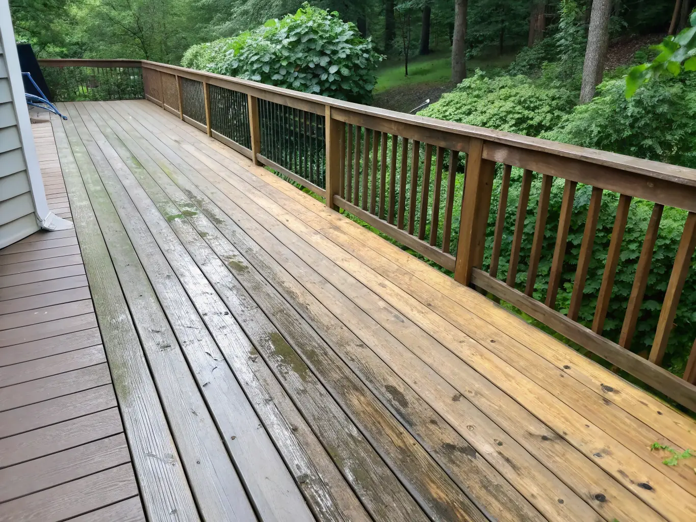 A wooden deck being cleaned by Ezway's professionals, with half of the deck visibly cleaner than the other half. The image highlights the transformation and the quality of Ezway's deck cleaning services.