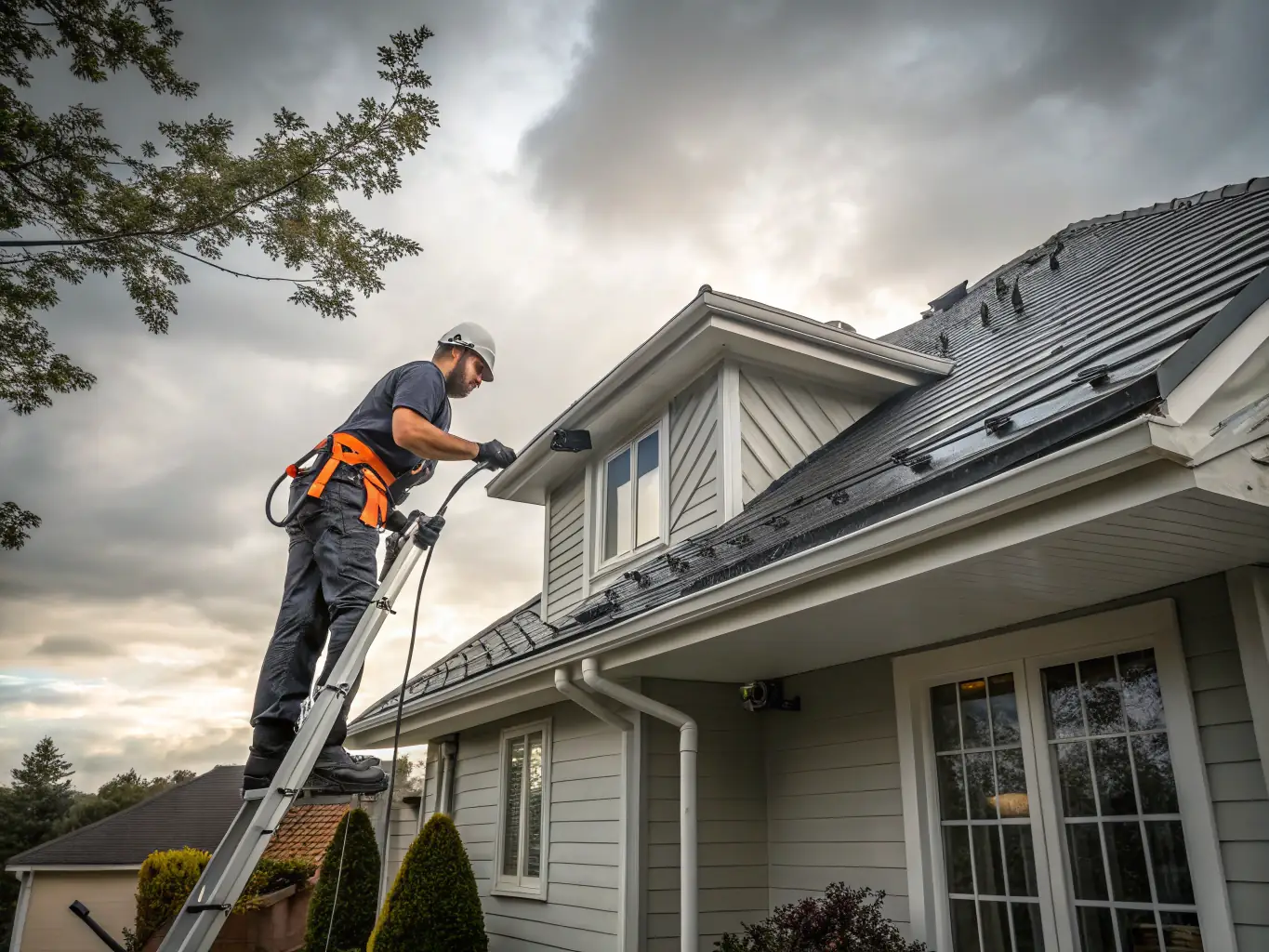 A close-up shot of a technician meticulously cleaning a gutter, removing leaves and debris, with a focus on the safety equipment being used.