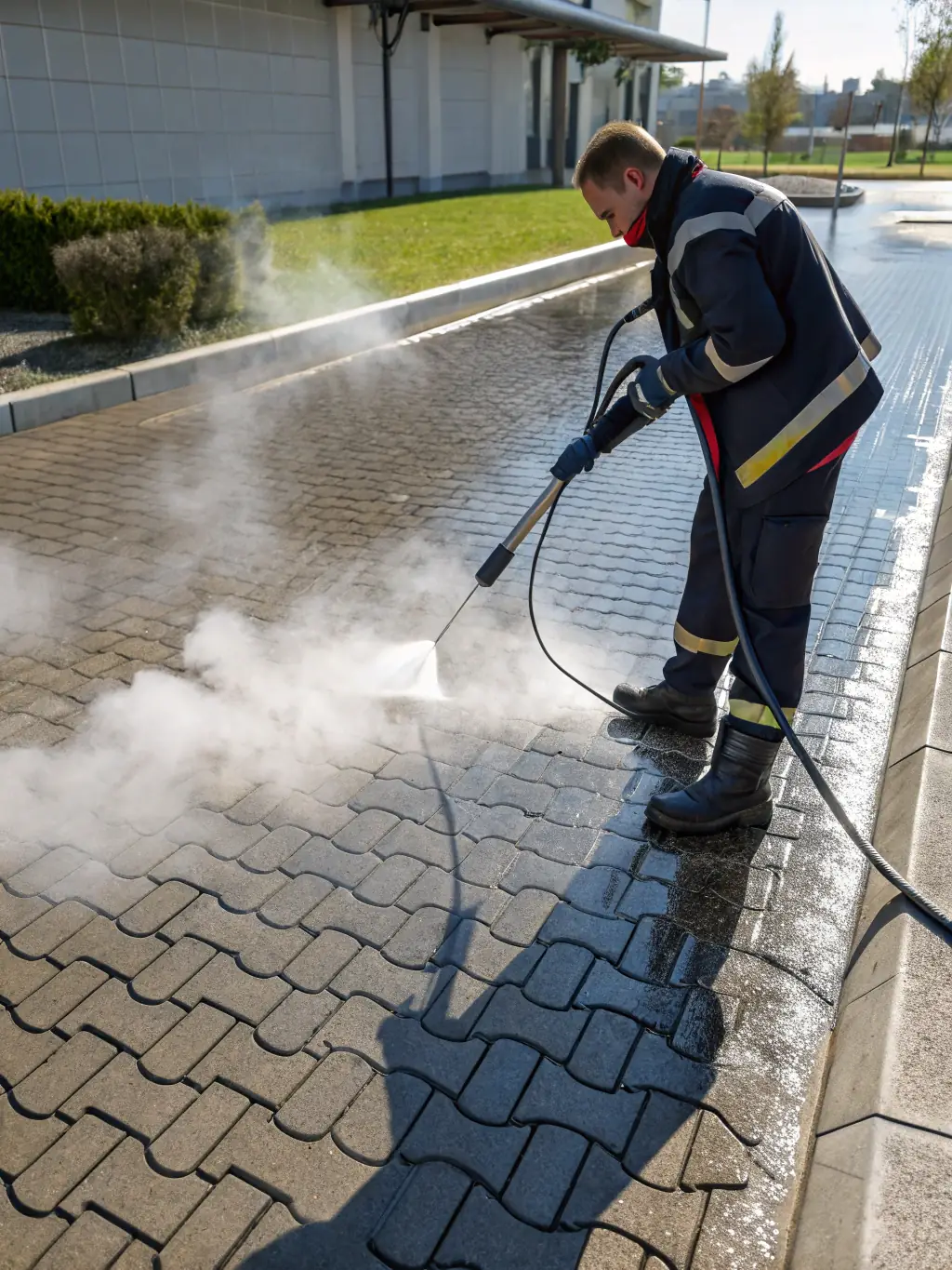 An Ezway team member cleaning a walkway with a surface cleaner, removing dirt and debris, showcasing the efficiency of their cleaning process.