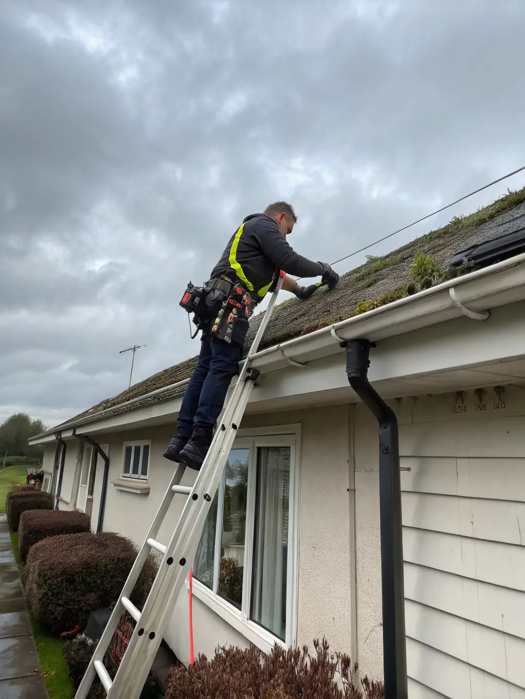 A professional Ezway technician cleaning leaves and debris from a residential gutter system, showcasing the meticulous hand cleaning process.