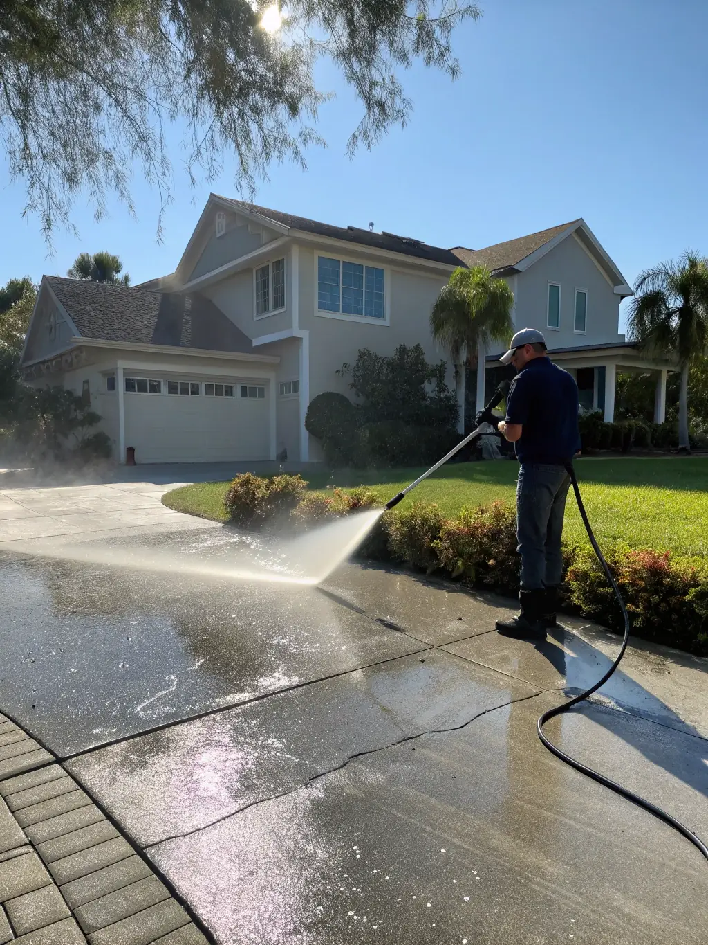 A professional from Ezway power washing a concrete driveway, removing stains and grime, showcasing the effectiveness of their surface cleaning service.