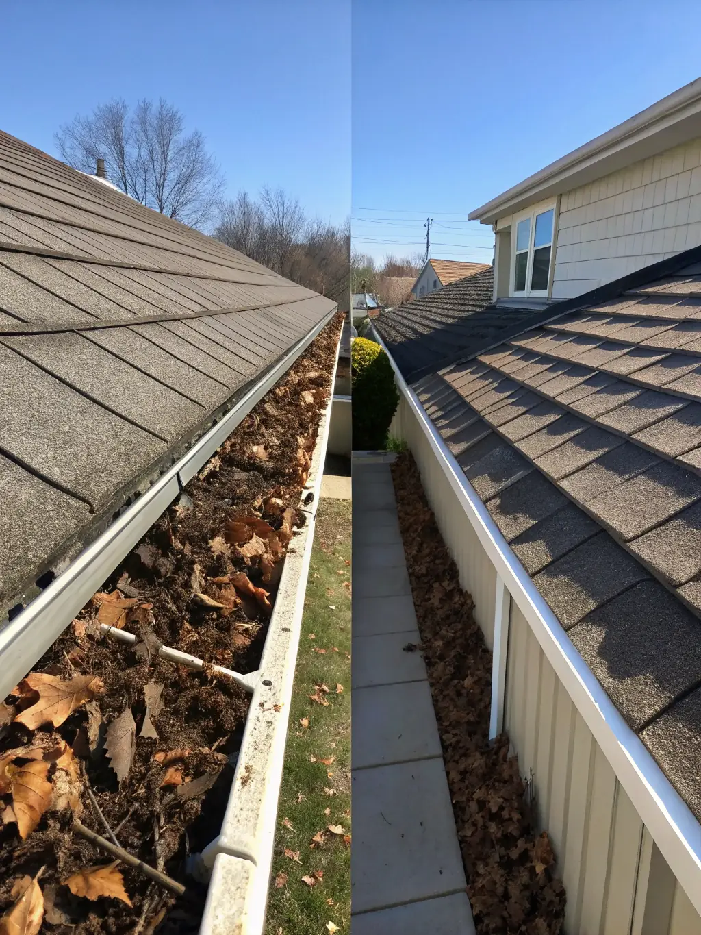 A before-and-after shot of a gutter system, showing the effectiveness of Ezway's gutter flushing service in removing stubborn debris.