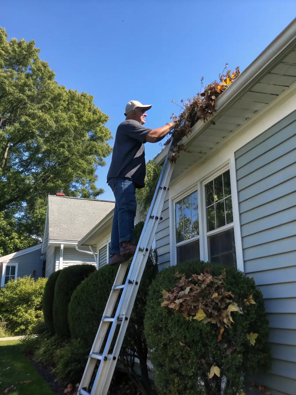 An Ezway technician inspecting a clean gutter system after service, highlighting the importance of gutter inspection and maintenance.
