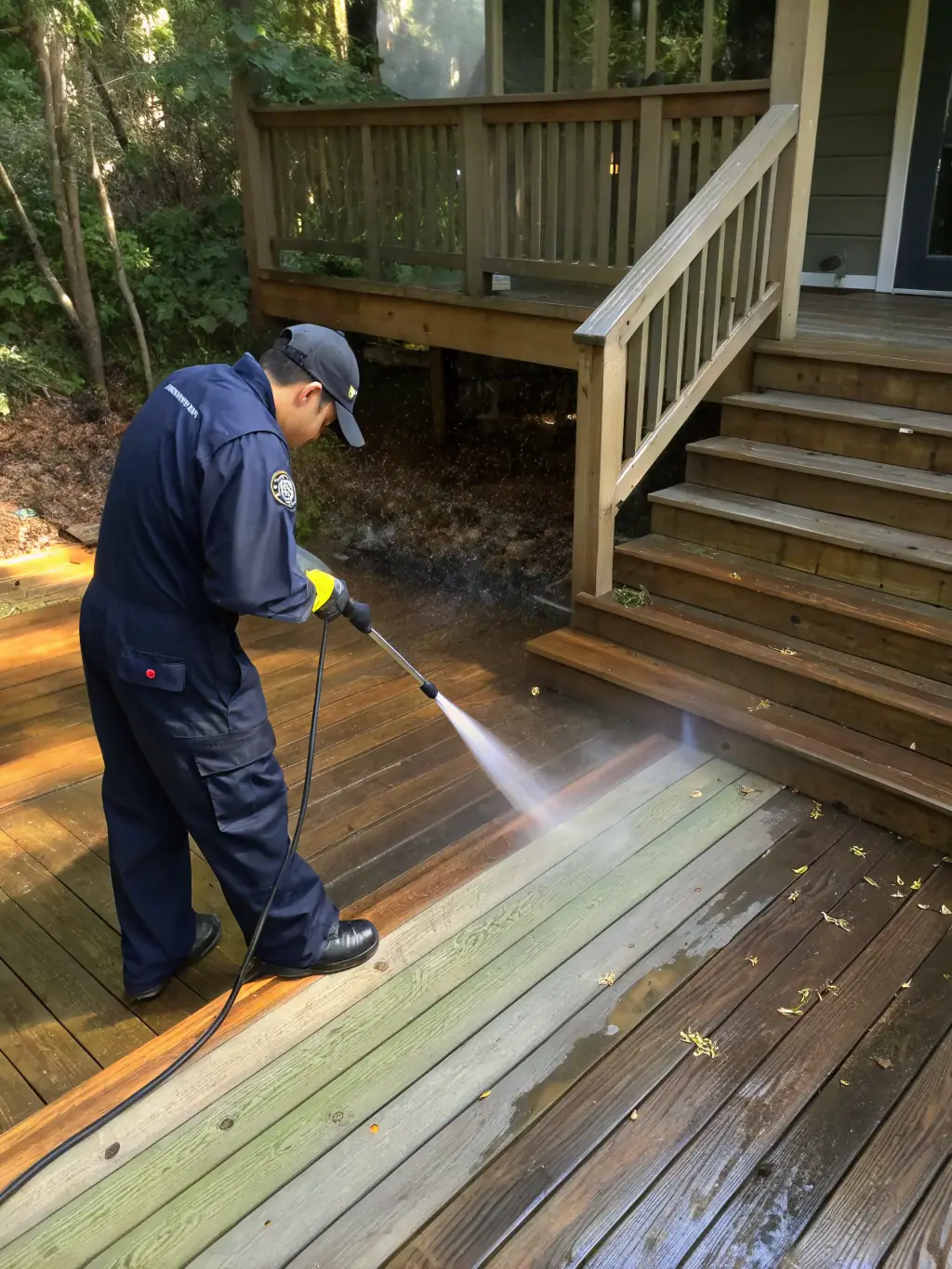 An Ezway technician cleaning a wooden deck with specialized equipment, removing mildew and dirt, demonstrating the care taken with delicate surfaces.
